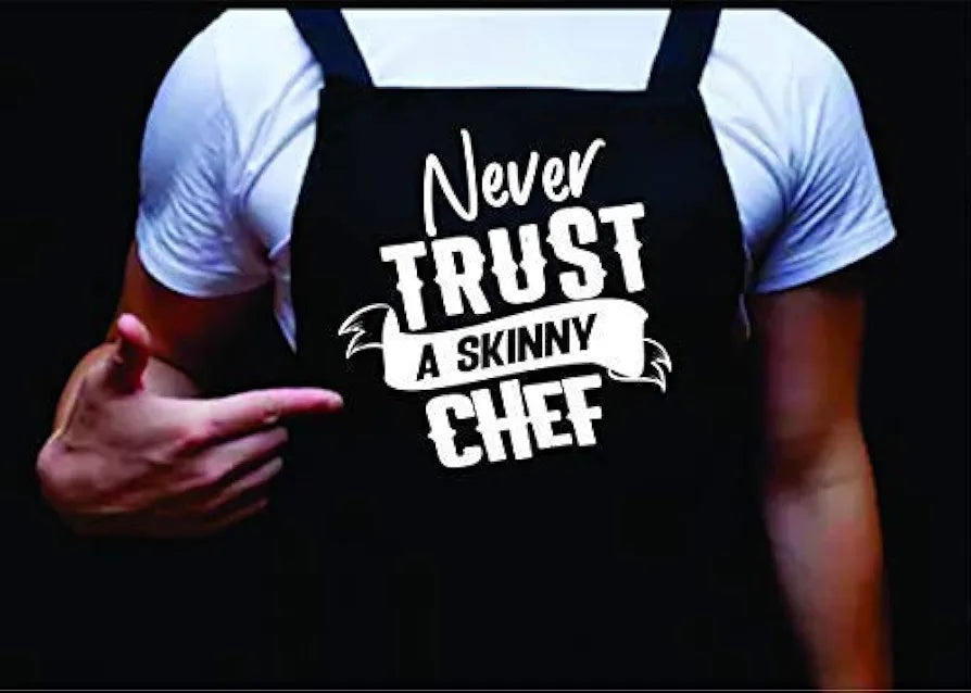 Never Trust A Skinny Chef, Manly Apron, Funny BBQ Apron for Men, Men’s Apron for Grilling Gifts for Men, Grilling Apron