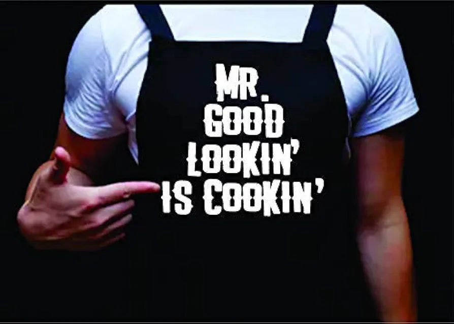 Mr Good Lookin is Cookin, Manly Apron, Funny BBQ Apron for Men, Men’s Apron for Grilling Gifts for Men, Grilling Apron